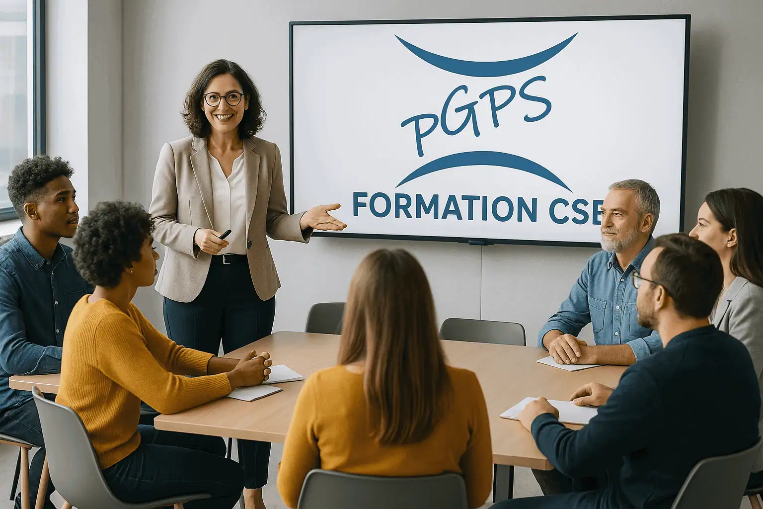Formatrice PGPS animant une session de formation CSE obligatoire avec des représentants du personnel autour d’une table.