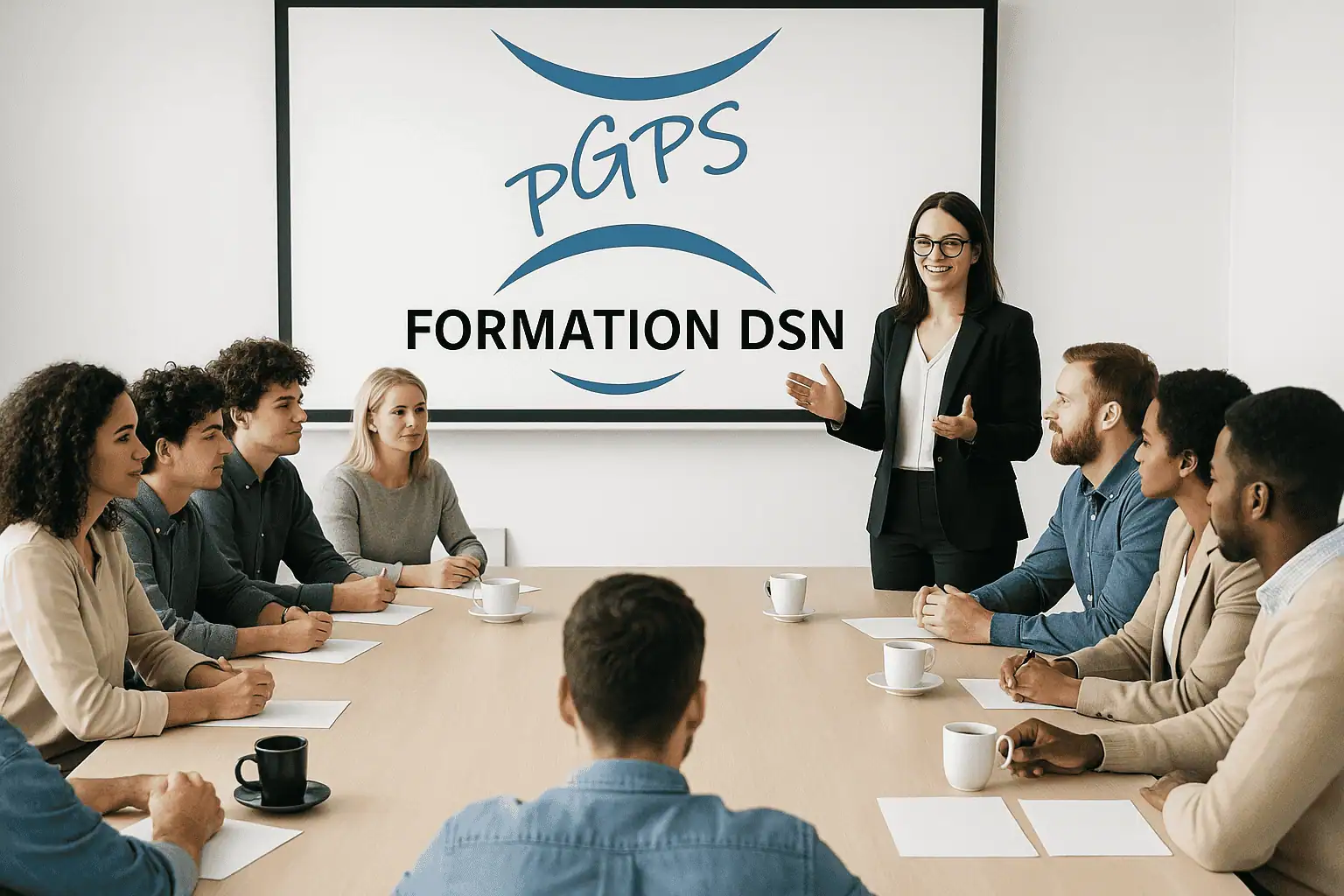 Formatrice PGPS animant une session de formation sur la Déclaration Sociale Nominative (DSN) devant un groupe de professionnels en paie.
