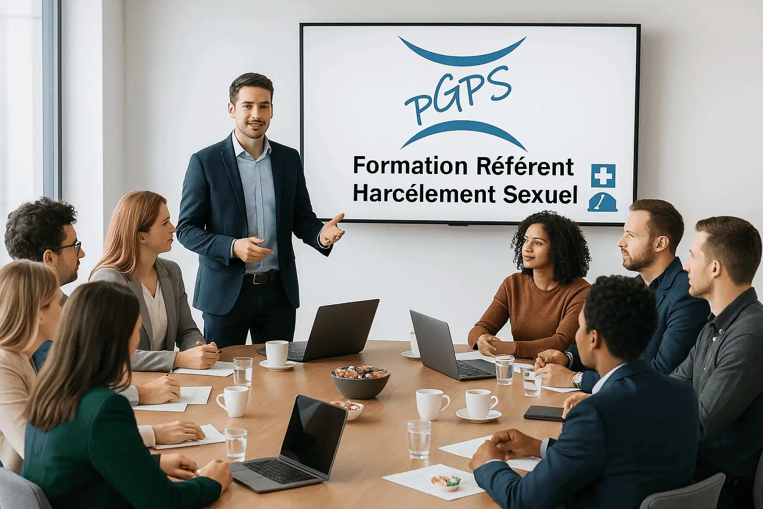 Formateur PGPS animant une session de formation sur la prévention du harcèlement sexuel et des agissements sexistes auprès de salariés en entreprise.
