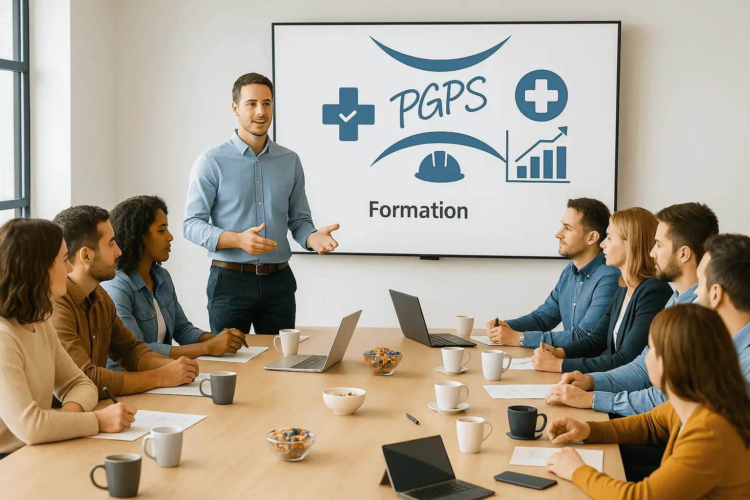 Formateur PGPS animant une session de formation Santé et Sécurité au Travail (SST) devant un groupe de salariés apprenant les gestes de prévention et de sécurité en entreprise.