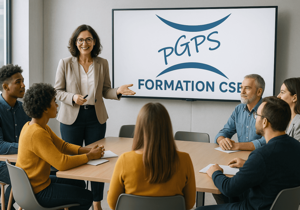 Formation CSE Formatrice PGPS animant une session de formation CSE obligatoire avec des représentants du personnel autour d’une table.