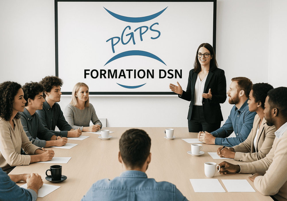 Formation DSN Formatrice PGPS animant une session de formation sur la Déclaration Sociale Nominative (DSN) devant un groupe de professionnels en paie.