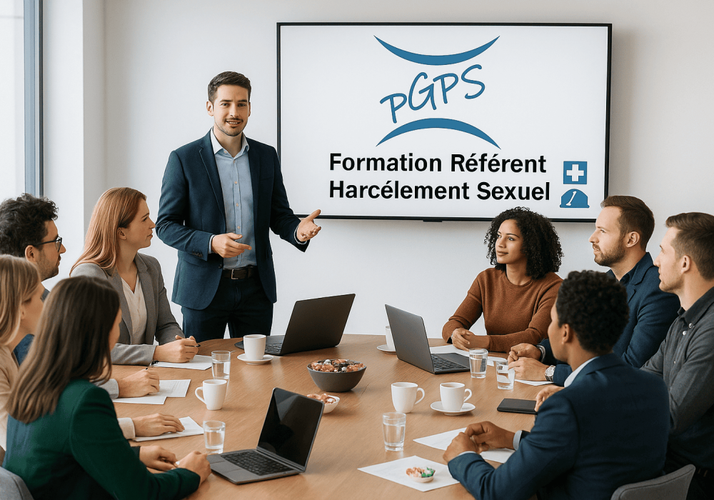 Formation Référent harcèlement sexuel Formateur PGPS animant une session de formation sur la prévention du harcèlement sexuel et des agissements sexistes auprès de salariés en entreprise.