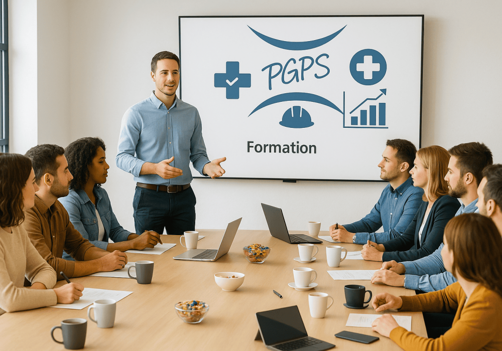 Formation Santé-sécurité au travail Formateur PGPS animant une session de formation Santé et Sécurité au Travail (SST) devant un groupe de salariés apprenant les gestes de prévention et de sécurité en entreprise.